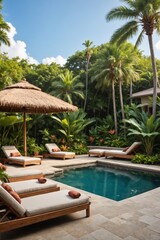 Obraz premium Tropical Backyard Oasis with Pool Loungers and Palm Trees