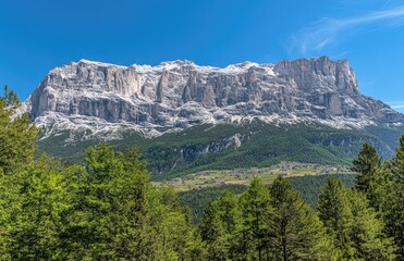 Obraz premium The Dolomites in the background, with green meadows and forests below, create a breathtaking landscape of nature's beauty.