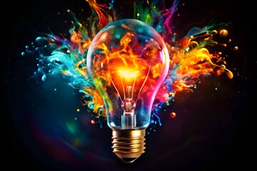 Creative light bulb explodes with colorful paint smoke on a black background
