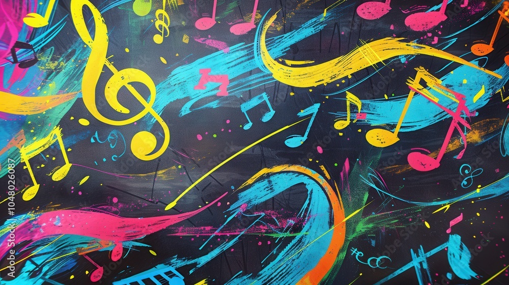 Aufkleber Intricate brushstrokes of vivid colors flow together with musical notes, creating an artistic display on a chalkboard. Generative AI