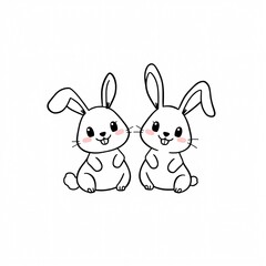 Two cheerful cartoon rabbits sit together, smiling and looking friendly in a simple, playful design against a white background