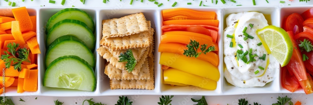Poster a plate of homemade buckwheat crackers served alongside a colorful array of sliced vegetables and di