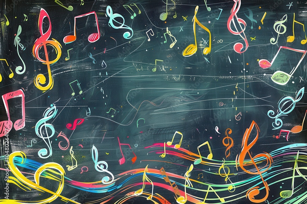 Aufkleber the colorful chalkboard features bright brushstrokes intertwined with musical notes and symbols, cre