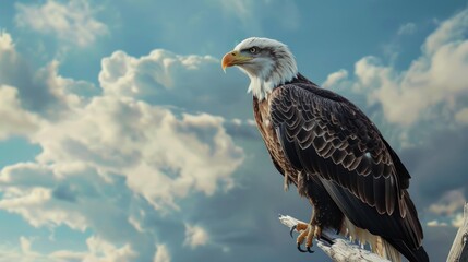 Photorealistic eagle perched on an old wooden tree branch with night sky background