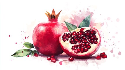 Vibrant watercolor illustration of a pomegranate showcasing its juicy seeds and green leaves, perfect for food-related themes.