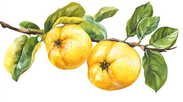 Naklejki Vibrant watercolor illustration of yellow quinces on a branch with green leaves, perfect for food and nature themes.