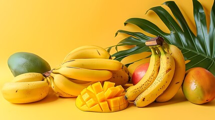 Yellow backdrop with fresh bananas and adds mango