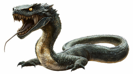 Obraz premium A terrifying basilisk with piercing eyes, sharp teeth, and a long, sinuous body, isolated on a white background. or transparent background. png cut out or die-cut. Basilisk Gaze. Illustration