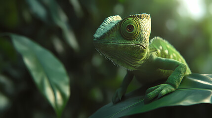 Fototapeta premium A tight shot of a green chameleon gazing at the camera perched on a leaf background softly blurred. Basilisk Gaze. Illustration