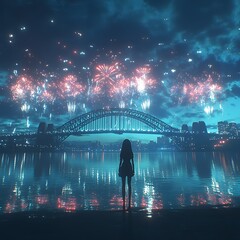 Obraz premium A lone figure silhouetted against a vibrant fireworks display over a bridge and cityscape.