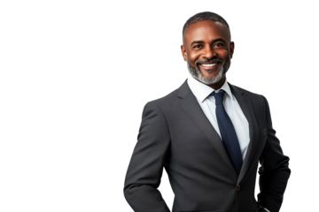 Professional African American businessman in charcoal gray suit with blue tie, confident smile, corporate headshot style, sharp focus, isolated PNG on transparent background, sophisticated.