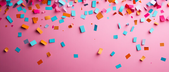 Colorful confetti scattered on a vibrant pink background, perfect for celebrations and festive occasions, adding a touch of joy and excitement.