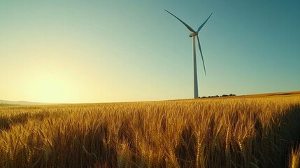 wind turbine towering over a golden wheat field, symbolizing sustainable energy amidst nature beauty, with a clear sky backdrop.