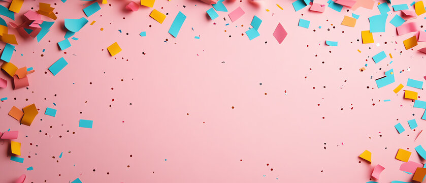 Colorful confetti scattered on a vibrant pink background, creating a festive atmosphere perfect for celebrations and party-themed designs.