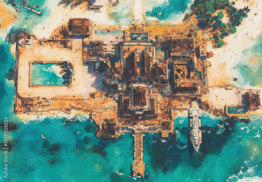 Poster aerial view of an ancient structure surrounded by water, showcasing intricate architecture.