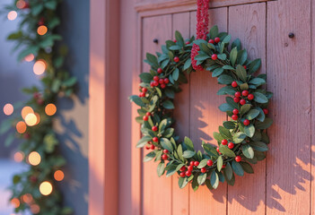 Christmas mistletoe on the door of the house in winter morning