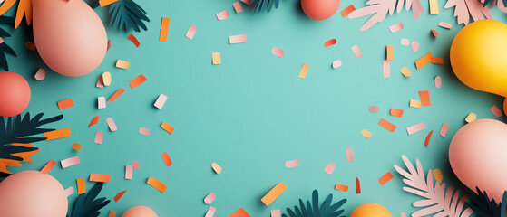 Colorful festive decorations with balloons and confetti on a turquoise background, perfect for celebrations and party themes.