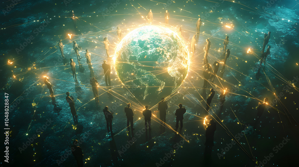 Poster digital illustration glowing earth human connected lines global communication network networking con