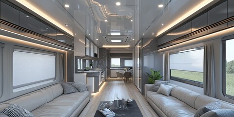 Obraz premium interior modern grey and cream trailer house with luxury furniture set and elegant ceiling 