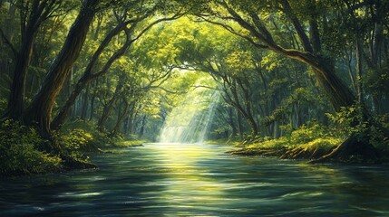 Tranquil Forest River with Sunlight Rays