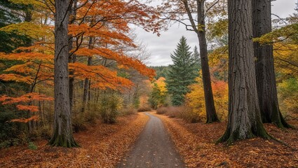 Obraz premium forest scene during autumn. The image features a narrow, winding path covered with fallen leaves, leading into the distance. On either side of the path