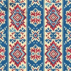 A detailed geometric design in blue, red, and cream creates a striking visual effect, perfect for fabric or wallpaper applications. Generative AI