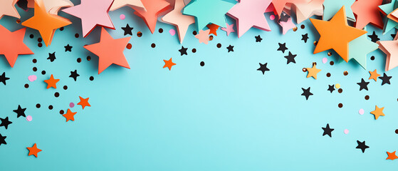 Fototapeta premium Colorful paper stars scattered on a vibrant blue background, perfect for celebration-themed designs or crafts.