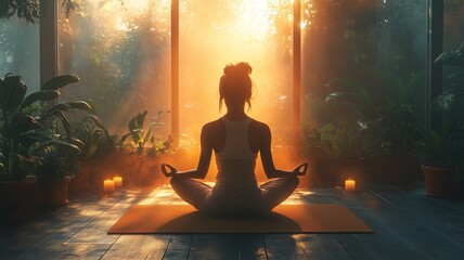 Serene Yoga Practice in Sunlit Room with Lush Greenery and Soft Pastel Colors