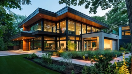 Fototapeta premium Modern Home with Extensive Glass Windows and Lush Greenery