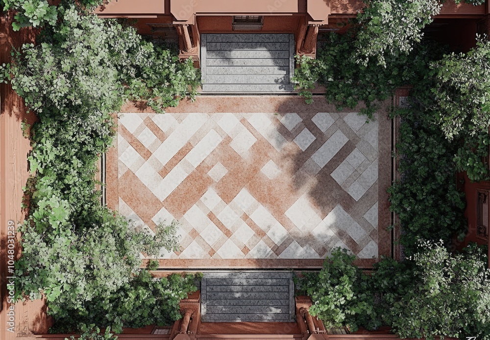 Poster aerial view of a landscaped courtyard with geometric patterns and greenery.