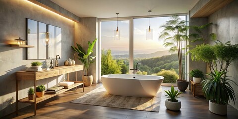 Fototapeta premium Bright and Airy Bathroom Interior with Panoramic Window, Bathtub, and Sink - Perfect for Home Decor Inspiration and Relaxation Ideas
