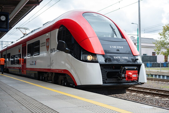Pesa Elf train at Poznań Gł&oacute;wny main railway station. Koleje Wielkopolskie, Greater Poland Voivodeship regional rail operator. PKM Poznańska Kolej Metropolitalna on October 3, 2024 in Poznan, Poland.