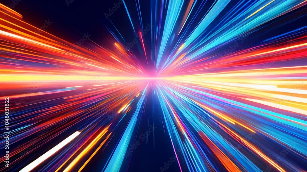 Poster dynamic abstract light burst with multicolored streaks radiating from a central point, evoking speed