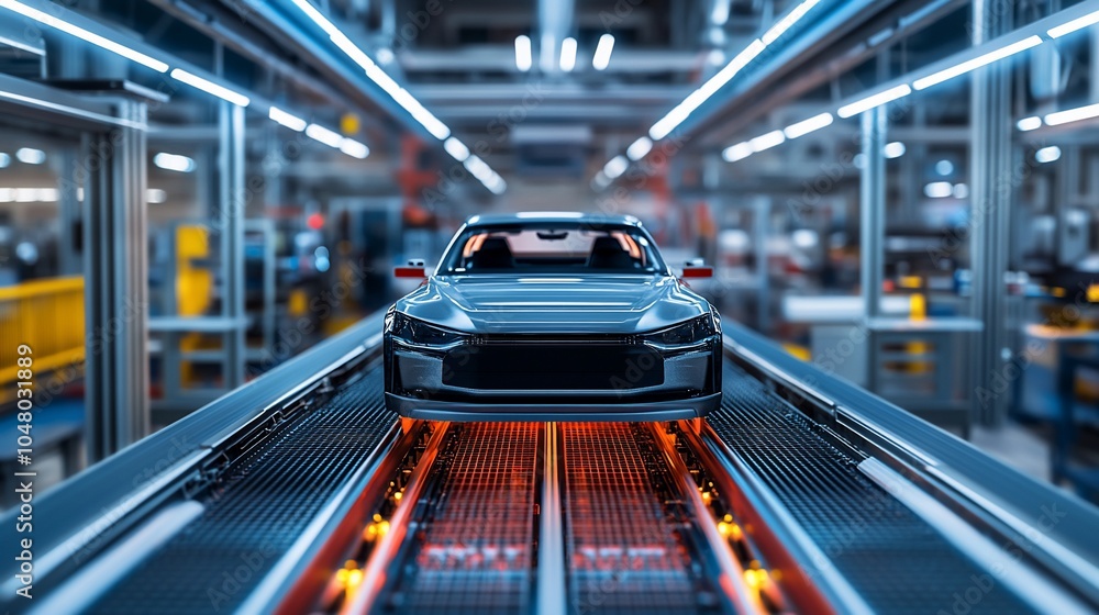 Aufkleber a modern car is being assembled on an automated production line in a factory. the car is in the cent