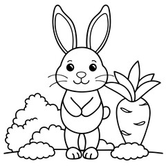 Fototapeta premium Cartoon bunny in carrot garden carrot in his hand illustration coloring page vector art design 