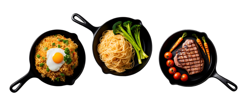 Three Cast Iron Skillets with Various Food Items