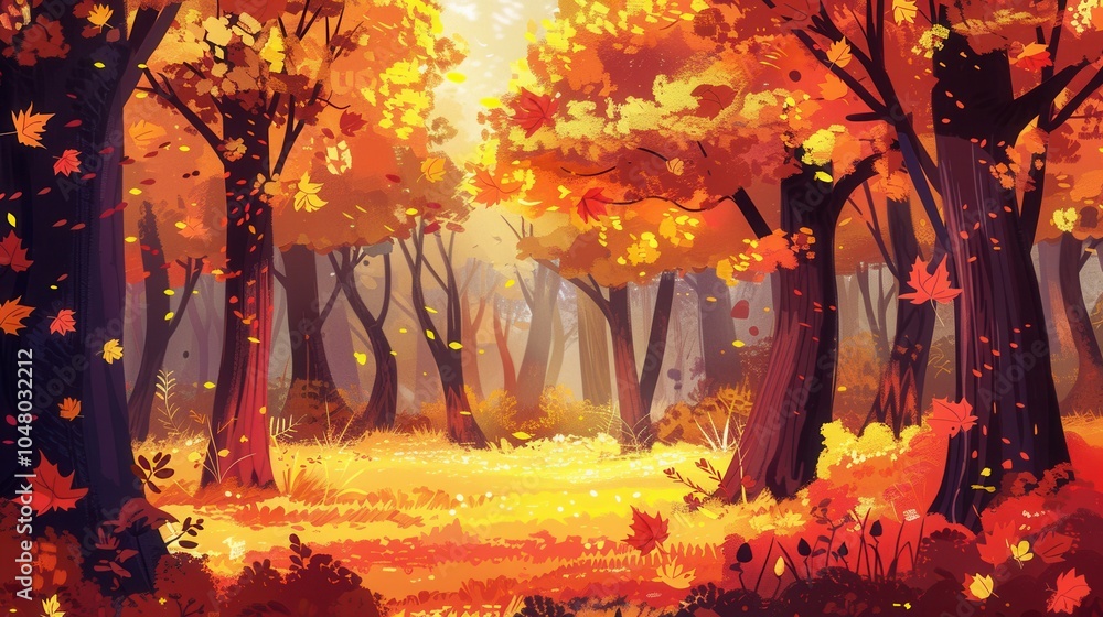 Aufkleber a golden autumn forest features trees adorned with vibrant fall leaves, bathed in soft sunlight that
