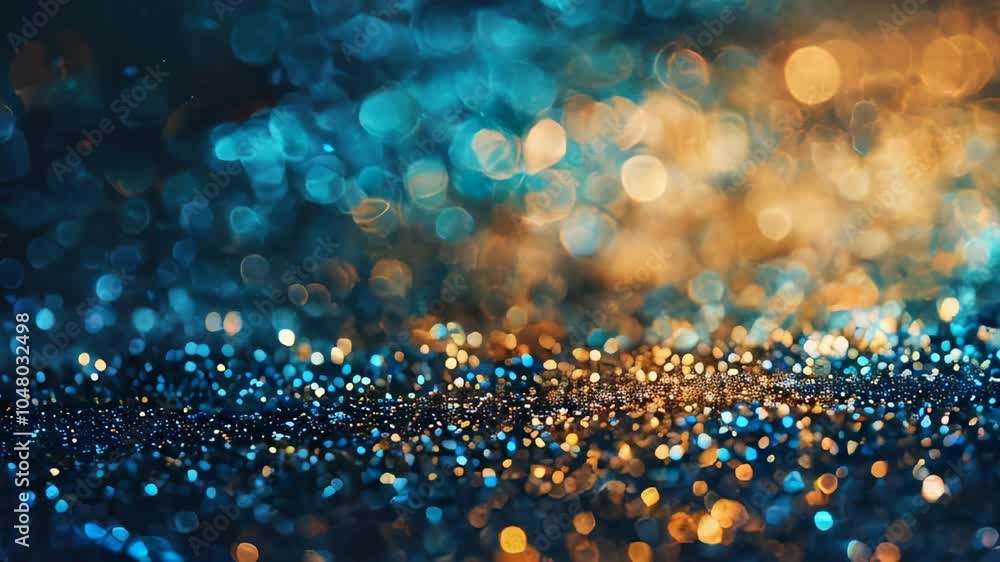 Poster abstract bokeh background with blue and gold glitter particles, creating a magical and dreamy atmosp