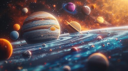 Generative AI A colorful painting of the solar system with a large Jupiter in the center.