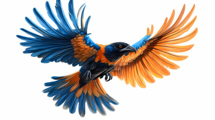 Obraz premium Amazing thunderbird in flight with blue and orange feathers, black head, and black beak. Thunderbird Soaring. Illustration