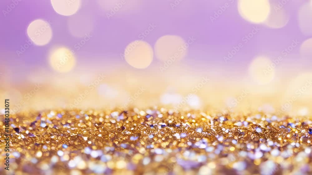 Poster gold glitter on a soft purple background with blurred bokeh lights, creating a dreamy and whimsical 