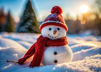 Fototapeta premium Charming Snowman in a Winter Wonderland with Red Scarf - Macro Photography of Snowy Scene