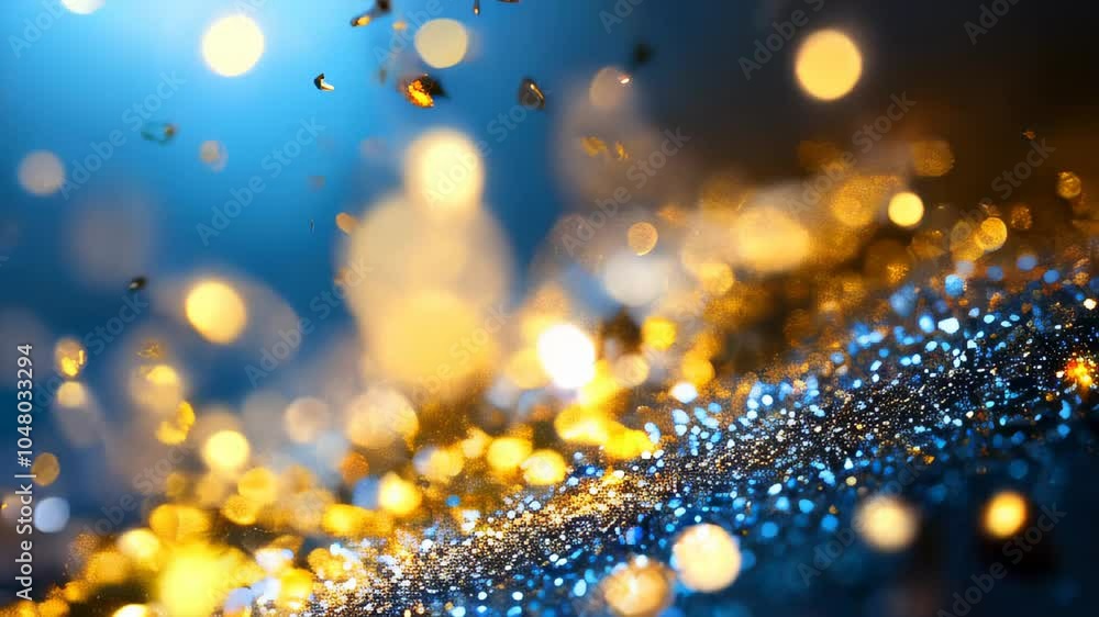 Poster abstract celebration scene with golden confetti and blue bokeh lights, creating a festive and joyful