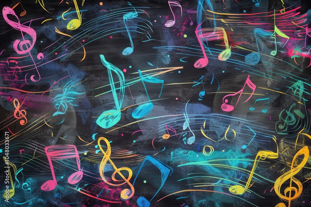 Aufkleber The chalkboard showcases a lively mix of colorful brushstrokes and musical notes, blending art with sound in a creative environment. Generative AI