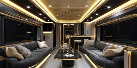 interior modern dark grey and gold trailer house with luxury furniture set and elegant ceiling 