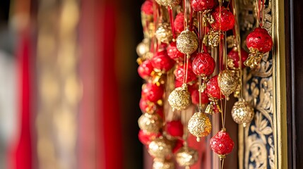 Fototapeta premium Intricate red and gold decorations hung on door for New Year celebration