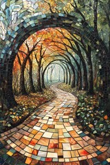 Obraz premium A vibrant mosaic pathway through an enchanted forest of colorful autumn leaves framed by majestic trees
