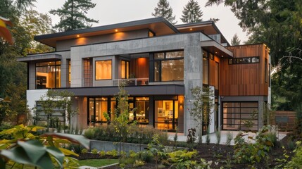 Fototapeta premium Modern Concrete and Wood Home with Lush Landscaping