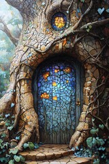 Fototapeta premium Mystical mosaic doorway in a tree a colorful portal to enchantment surrounded by nature's embrace