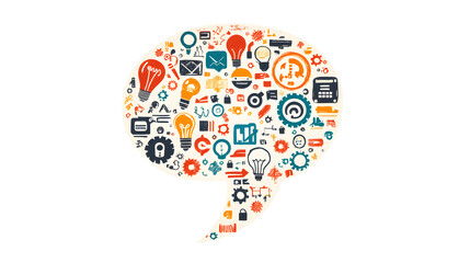 A speech bubble with small business or tech-related icons